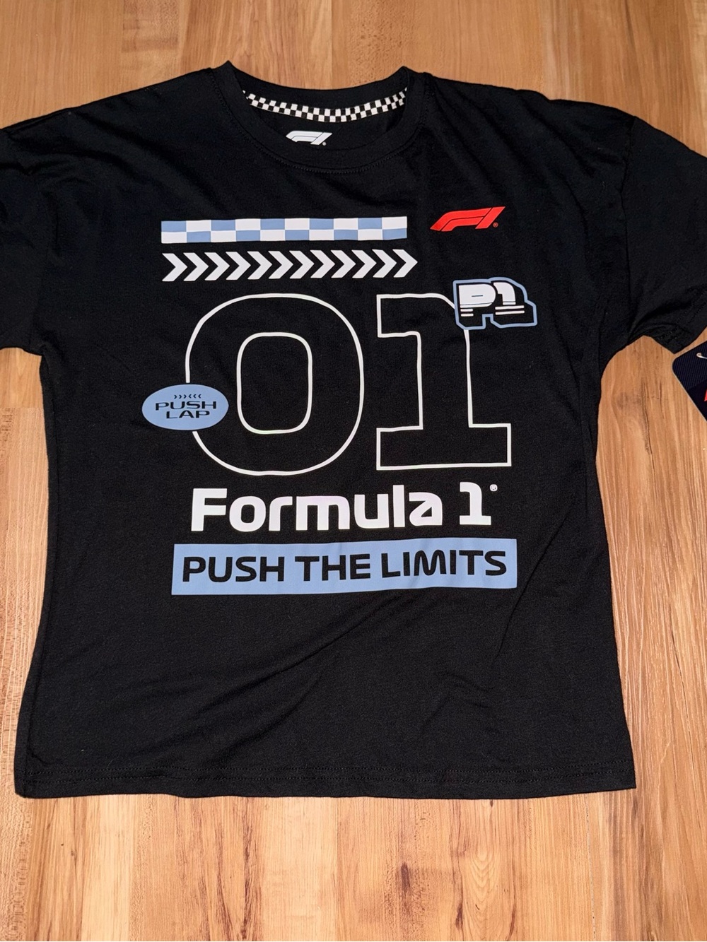 Hybrid Apparel Black Tee with Light Blue and Red Racing Graphics